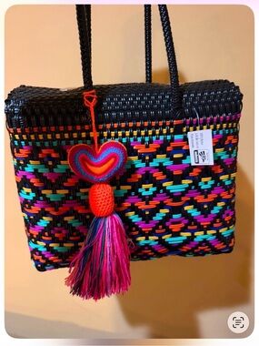 Woven Multicolor Heart Tassel Tote Bag - Black & Bright Accents